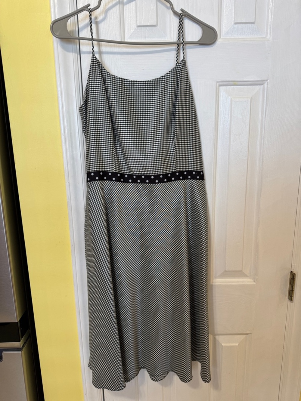 Sag Harbor Black & White Checked Midi Slip Dress with Polka Dot Waist